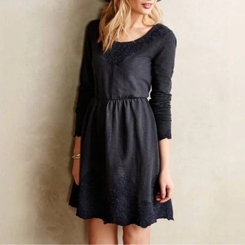 Anthropologie Saturday Sunday Size S Gray Ellie Long Sleeve Embroidered Dress